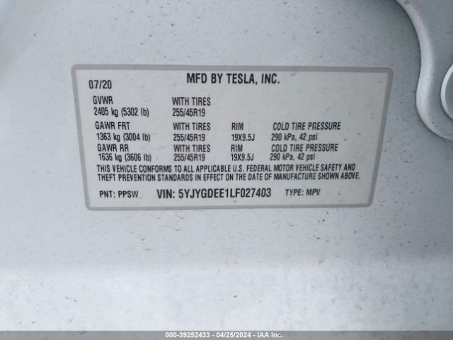 Photo 8 VIN: 5YJYGDEE1LF027403 - TESLA MODEL Y 