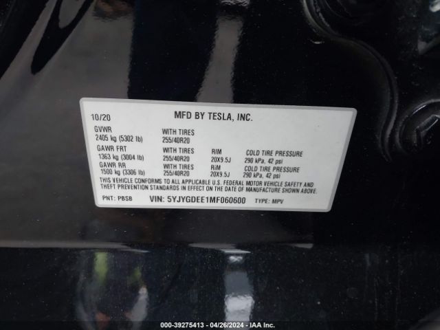 Photo 8 VIN: 5YJYGDEE1MF060600 - TESLA MODEL Y 