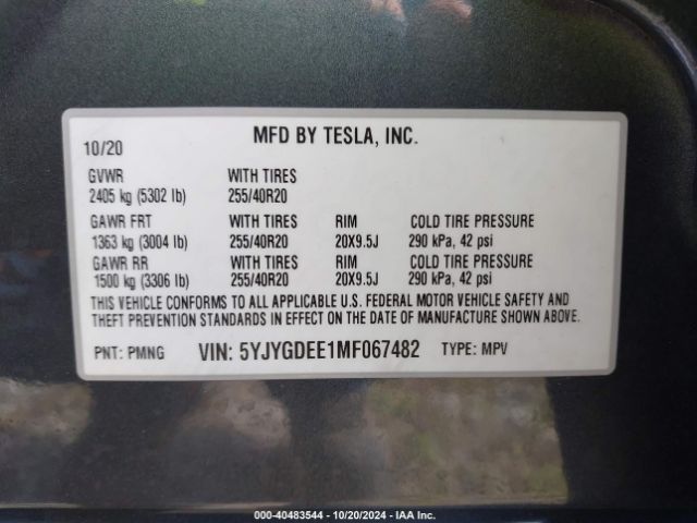 Photo 8 VIN: 5YJYGDEE1MF067482 - TESLA MODEL Y 