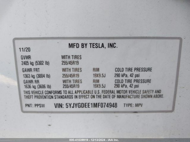 Photo 8 VIN: 5YJYGDEE1MF074948 - TESLA MODEL Y 