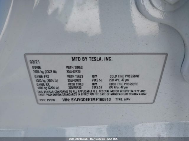 Photo 8 VIN: 5YJYGDEE1MF160910 - TESLA MODEL Y 