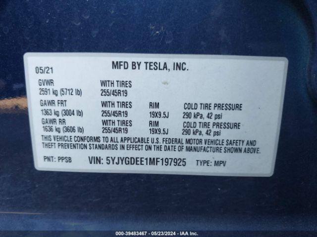 Photo 8 VIN: 5YJYGDEE1MF197925 - TESLA MODEL Y 