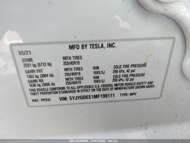 Photo 8 VIN: 5YJYGDEE1MF199111 - TESLA MODEL Y 