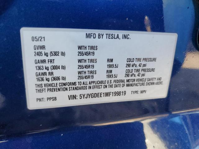 Photo 12 VIN: 5YJYGDEE1MF199819 - TESLA MODEL Y 