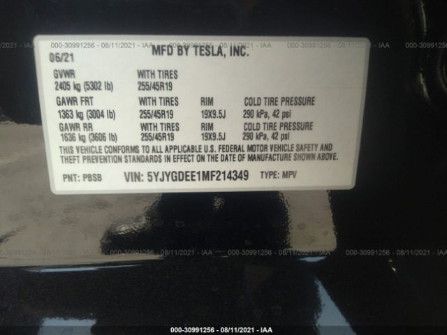 Photo 8 VIN: 5YJYGDEE1MF214349 - TESLA MODEL Y 