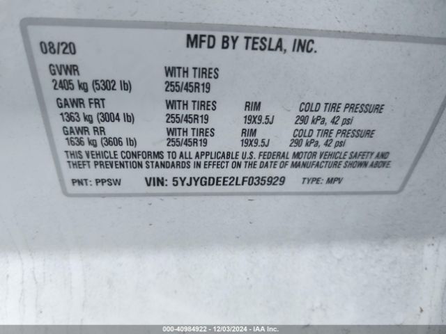 Photo 8 VIN: 5YJYGDEE2LF035929 - TESLA MODEL Y 