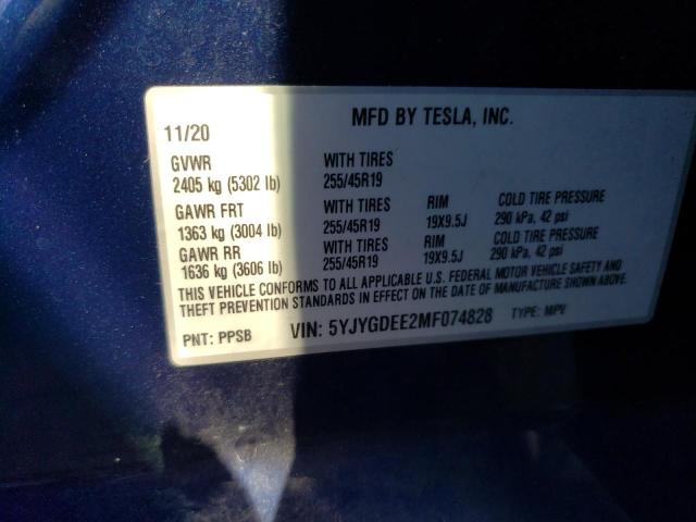 Photo 12 VIN: 5YJYGDEE2MF074828 - TESLA MODEL Y 