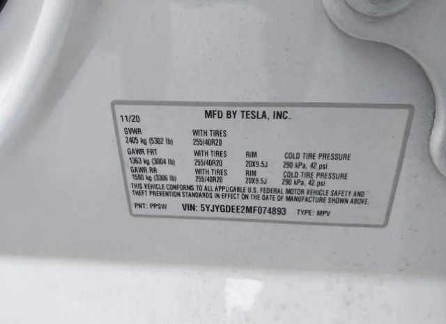 Photo 8 VIN: 5YJYGDEE2MF074893 - TESLA MODEL Y 