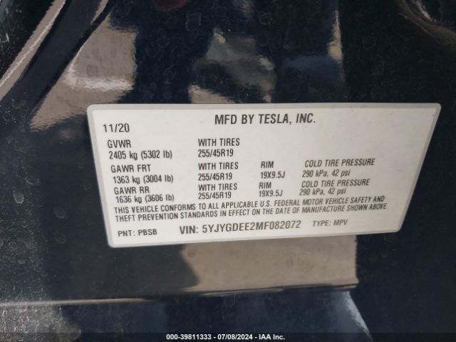 Photo 8 VIN: 5YJYGDEE2MF082072 - TESLA MODEL Y 