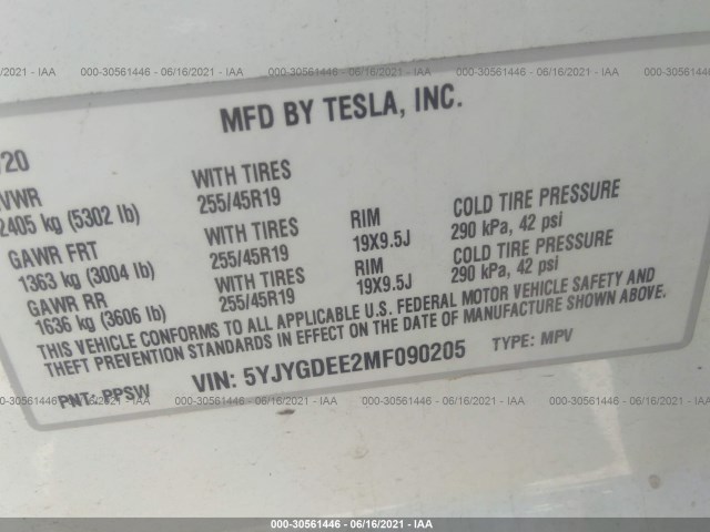 Photo 8 VIN: 5YJYGDEE2MF090205 - TESLA MODEL Y 