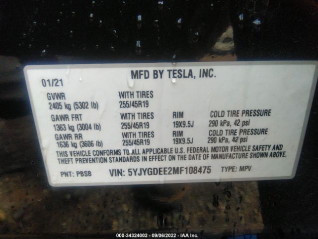 Photo 8 VIN: 5YJYGDEE2MF108475 - TESLA MODEL Y 