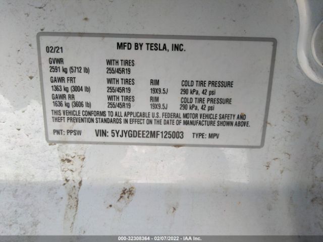 Photo 8 VIN: 5YJYGDEE2MF125003 - TESLA MODEL Y 