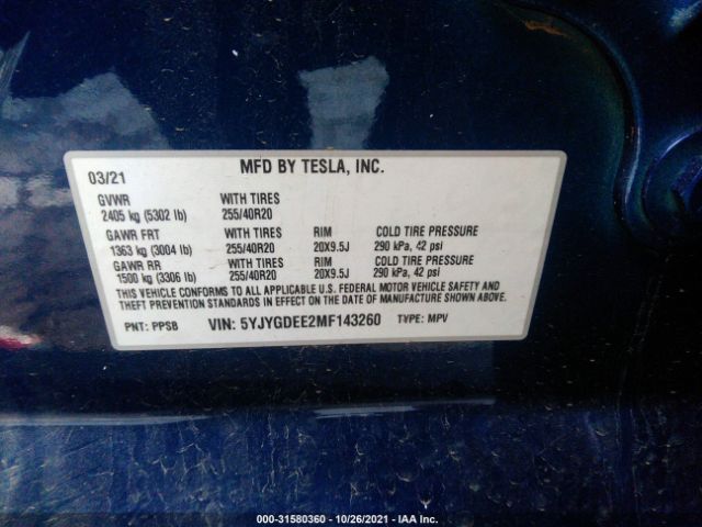 Photo 8 VIN: 5YJYGDEE2MF143260 - TESLA MODEL Y 