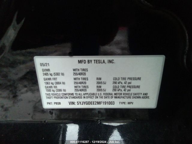 Photo 8 VIN: 5YJYGDEE2MF191003 - TESLA MODEL Y 