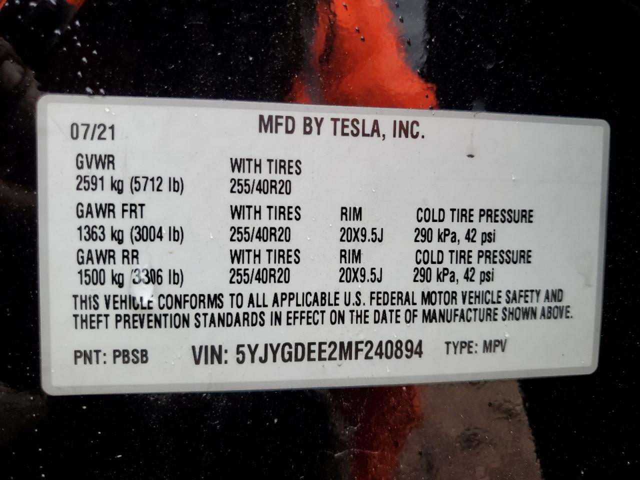 Photo 12 VIN: 5YJYGDEE2MF240894 - TESLA MODEL Y 