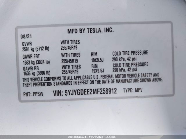 Photo 8 VIN: 5YJYGDEE2MF258912 - TESLA MODEL Y 