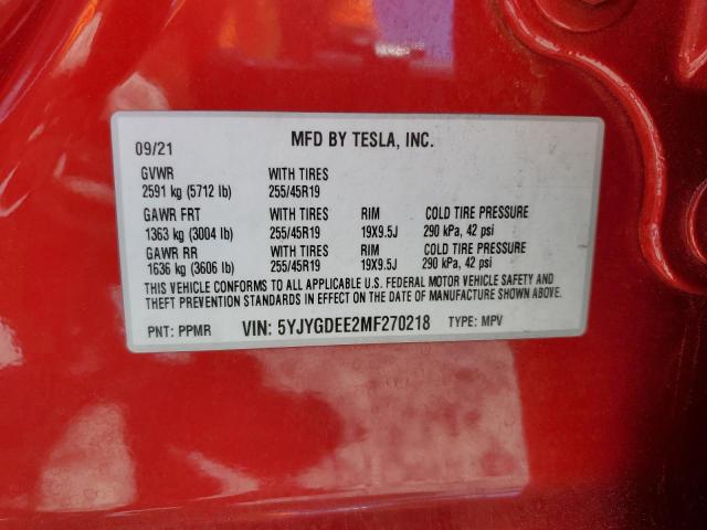 Photo 12 VIN: 5YJYGDEE2MF270218 - TESLA MODEL Y 