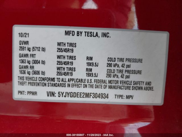 Photo 8 VIN: 5YJYGDEE2MF304934 - TESLA MODEL Y 