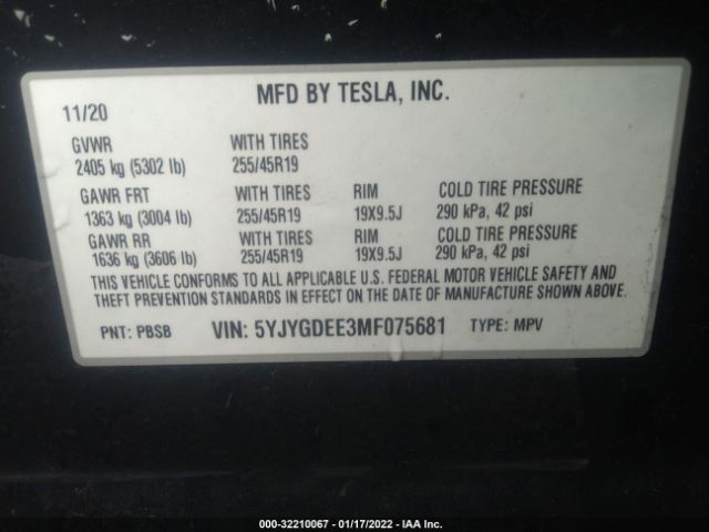 Photo 8 VIN: 5YJYGDEE3MF075681 - TESLA MODEL Y 