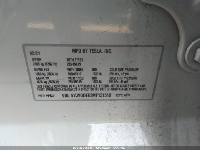 Photo 8 VIN: 5YJYGDEE3MF131540 - TESLA MODEL Y 