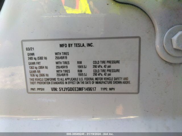 Photo 8 VIN: 5YJYGDEE3MF149617 - TESLA MODEL Y 