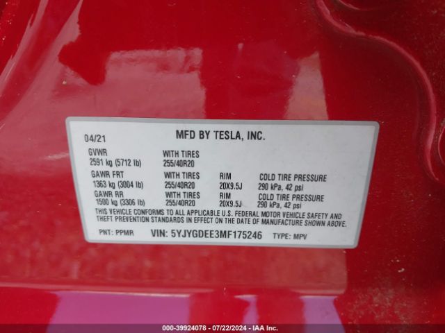 Photo 8 VIN: 5YJYGDEE3MF175246 - TESLA MODEL Y 