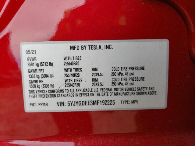 Photo 11 VIN: 5YJYGDEE3MF192225 - TESLA MODEL Y 