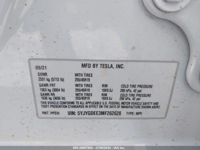 Photo 8 VIN: 5YJYGDEE3MF262628 - TESLA MODEL Y 