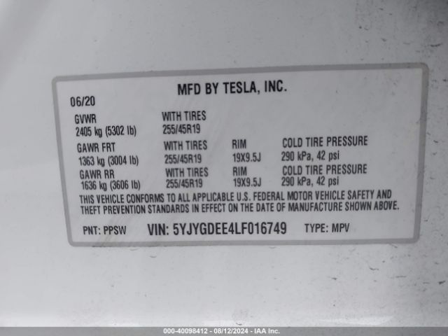 Photo 8 VIN: 5YJYGDEE4LF016749 - TESLA MODEL Y 