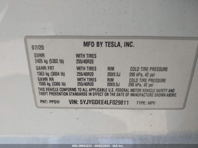 Photo 8 VIN: 5YJYGDEE4LF029811 - TESLA MODEL Y 