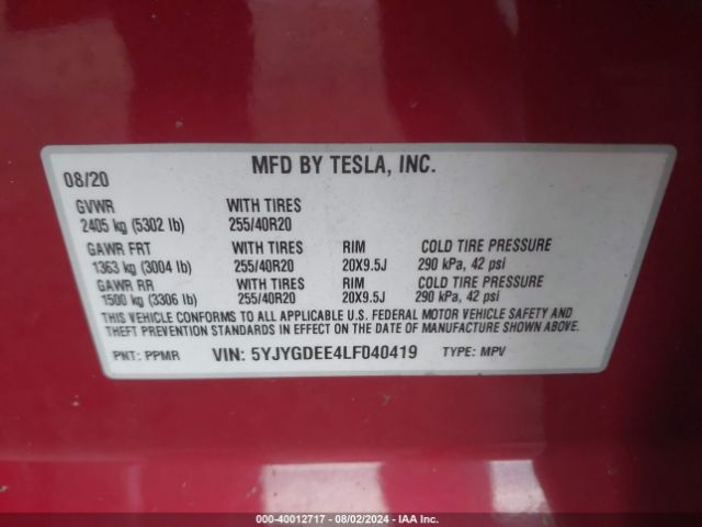 Photo 8 VIN: 5YJYGDEE4LF040419 - TESLA MODEL Y 