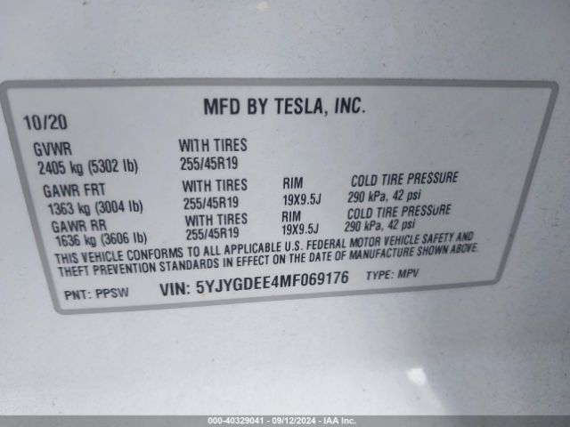 Photo 8 VIN: 5YJYGDEE4MF069176 - TESLA MODEL Y 