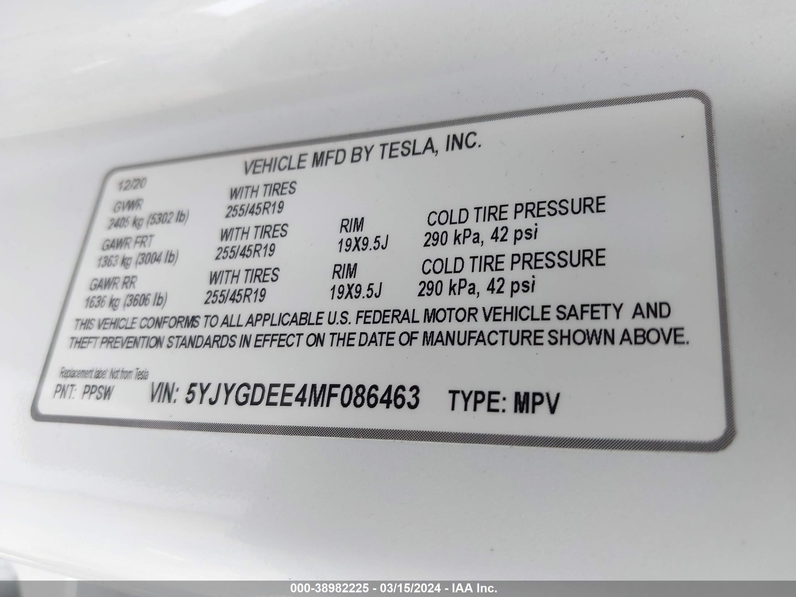 Photo 7 VIN: 5YJYGDEE4MF086463 - TESLA MODEL Y 