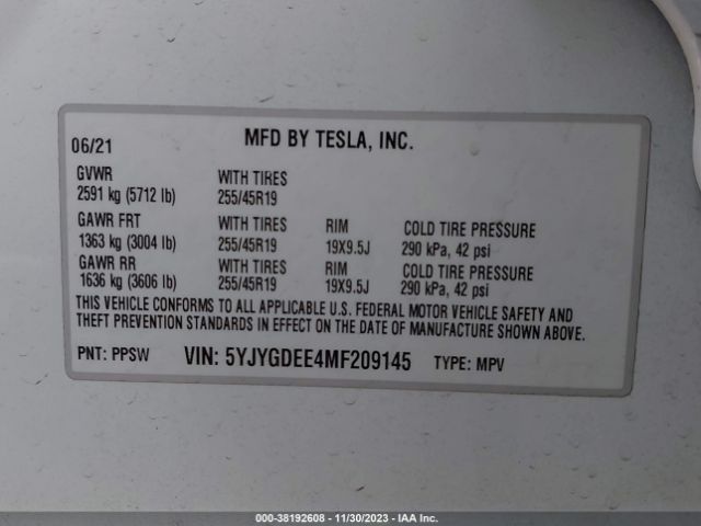 Photo 8 VIN: 5YJYGDEE4MF209145 - TESLA MODEL Y 