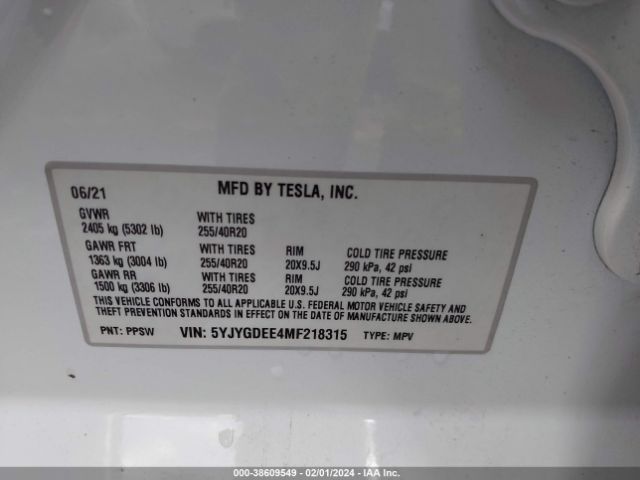 Photo 8 VIN: 5YJYGDEE4MF218315 - TESLA MODEL Y 