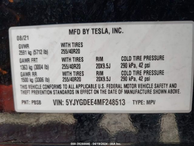 Photo 8 VIN: 5YJYGDEE4MF248513 - TESLA MODEL Y 