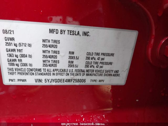 Photo 8 VIN: 5YJYGDEE4MF258006 - TESLA MODEL Y 