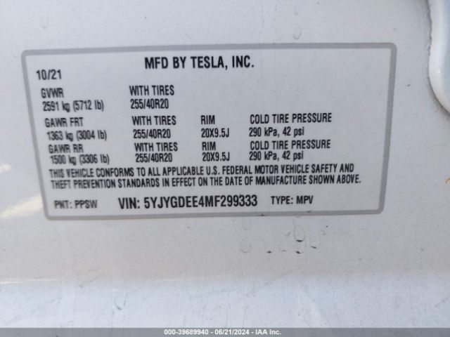 Photo 8 VIN: 5YJYGDEE4MF299333 - TESLA MODEL Y 