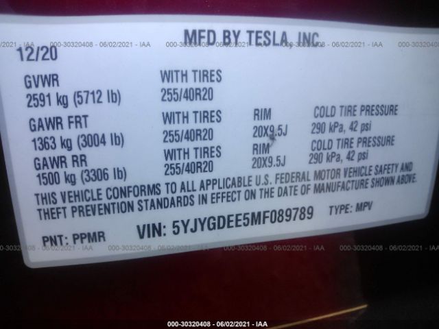 Photo 8 VIN: 5YJYGDEE5MF089789 - TESLA MODEL Y 