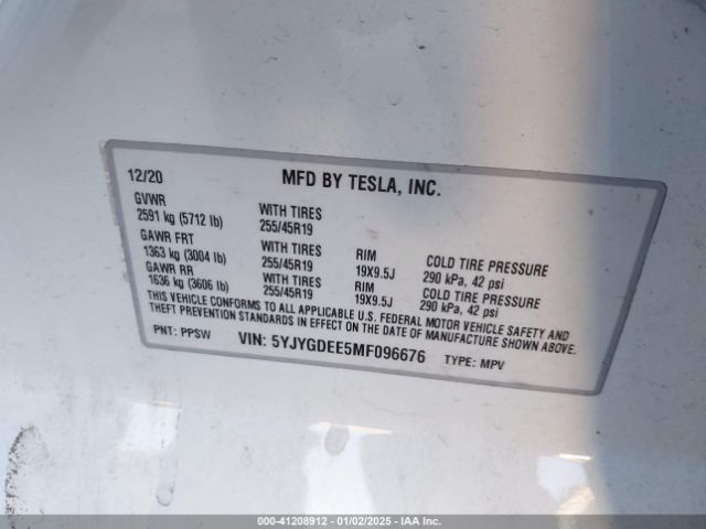 Photo 8 VIN: 5YJYGDEE5MF096676 - TESLA MODEL Y 