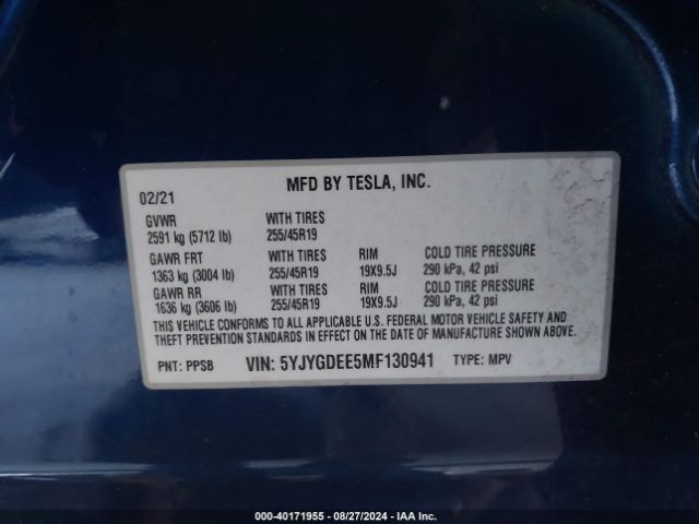 Photo 8 VIN: 5YJYGDEE5MF130941 - TESLA MODEL Y 