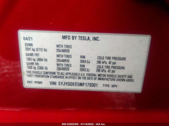 Photo 8 VIN: 5YJYGDEE5MF179301 - TESLA MODEL Y 