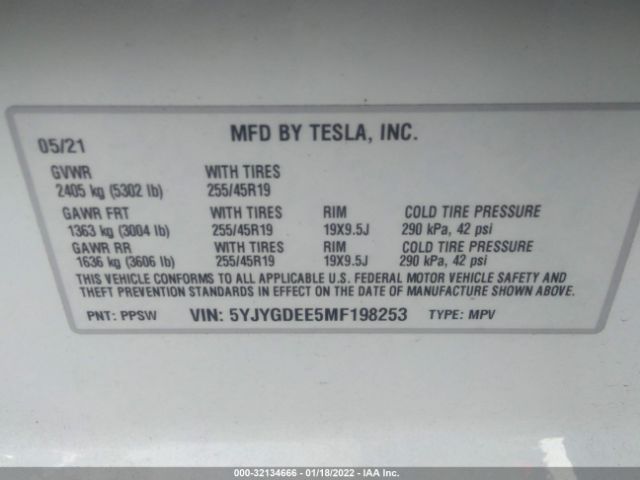 Photo 8 VIN: 5YJYGDEE5MF198253 - TESLA MODEL Y 