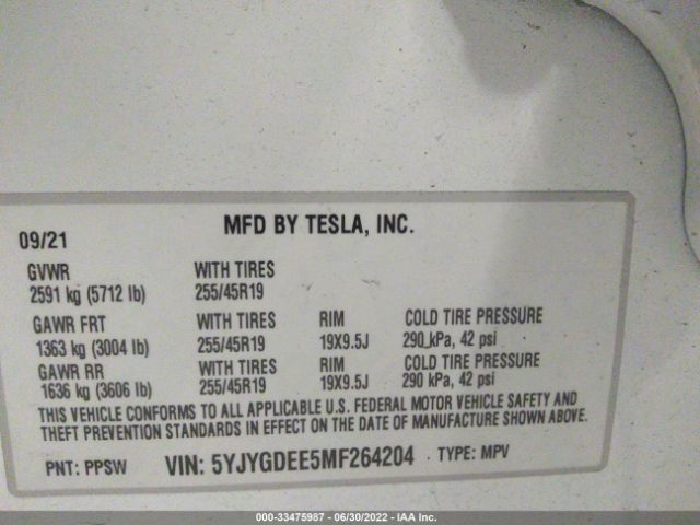 Photo 8 VIN: 5YJYGDEE5MF264204 - TESLA MODEL Y 