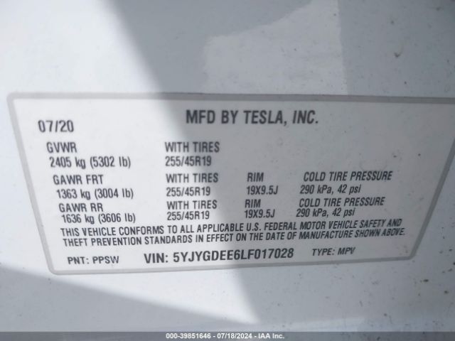 Photo 8 VIN: 5YJYGDEE6LF017028 - TESLA MODEL Y 