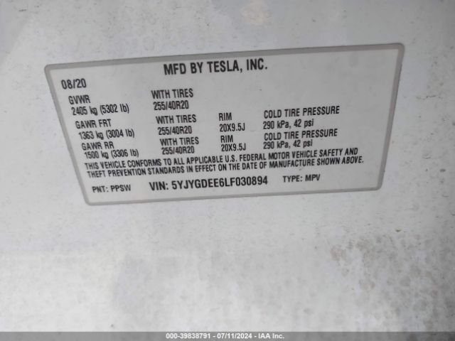 Photo 8 VIN: 5YJYGDEE6LF030894 - TESLA MODEL Y 