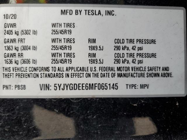 Photo 9 VIN: 5YJYGDEE6MF065145 - TESLA MODEL Y 