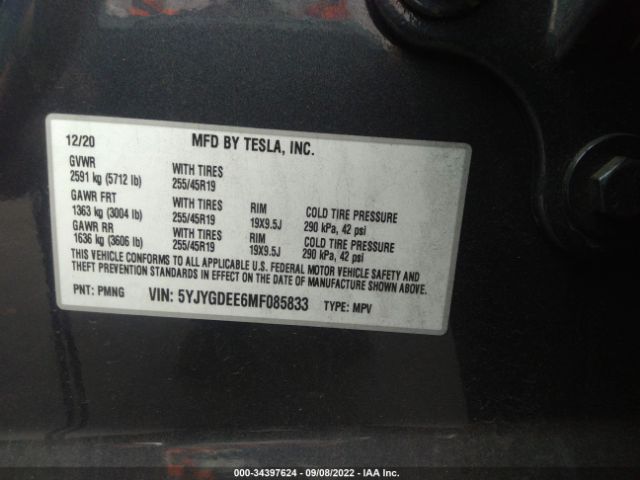 Photo 8 VIN: 5YJYGDEE6MF085833 - TESLA MODEL Y 