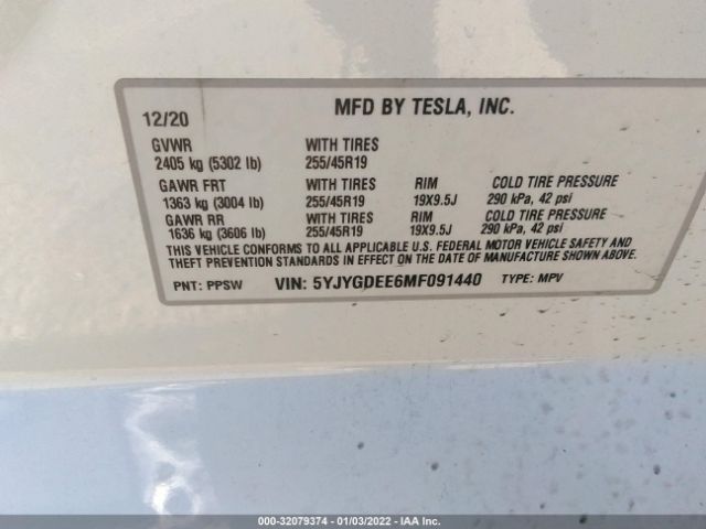 Photo 8 VIN: 5YJYGDEE6MF091440 - TESLA MODEL Y 