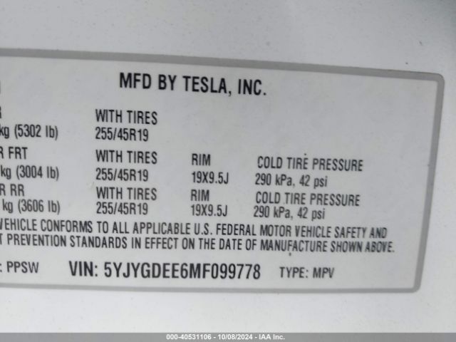 Photo 8 VIN: 5YJYGDEE6MF099778 - TESLA MODEL Y 